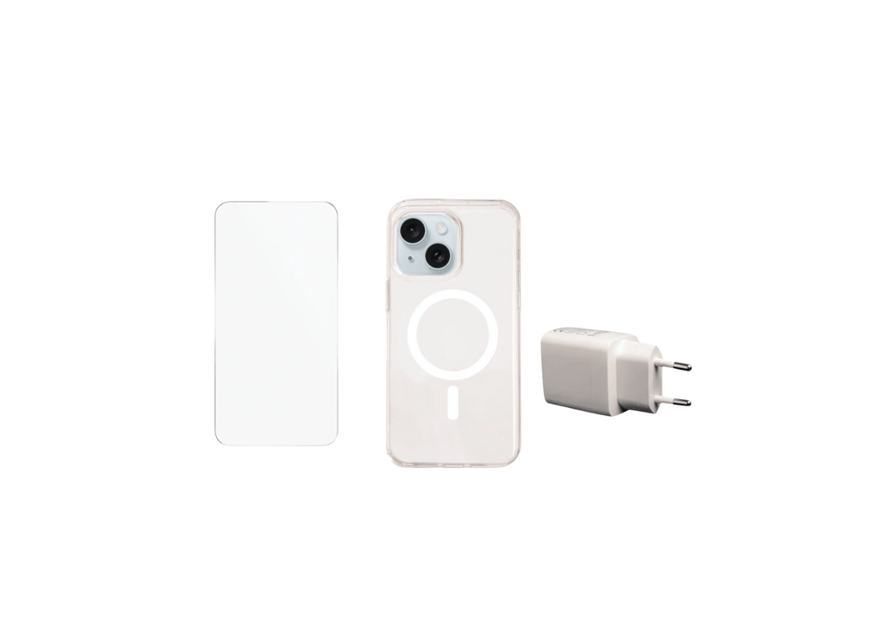 Apple iPhone 13 Beskyttelsesbundle – Skærmbeskyttelse, MagSafe Cover & 20W Oplader (Klar)