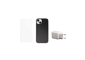 Phone 15 Plus Beskyttelsesbundle – Skærmbeskyttelse, MagSafe Cover & 20W Oplader (Sort)