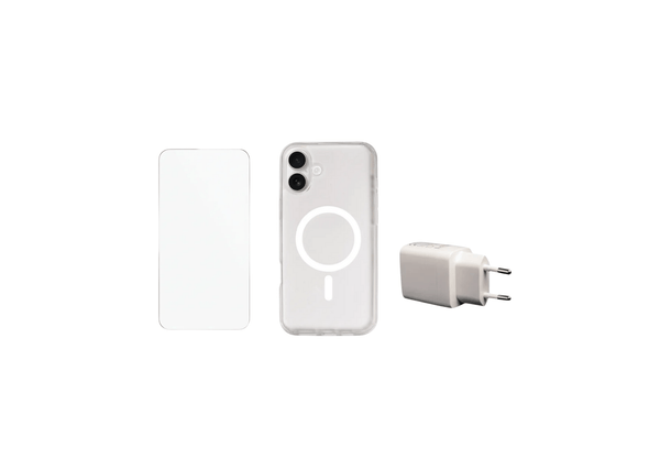 Phone 16 Plus Beskyttelsesbundle – Skærmbeskyttelse, MagSafe Cover & 20W Oplader (Klar)