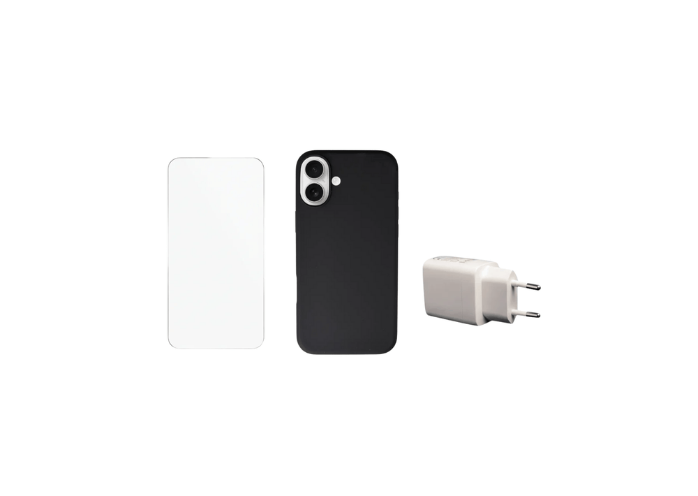 Phone 16 Plus Beskyttelsesbundle – Skærmbeskyttelse, MagSafe Cover & 20W Oplader (Sort)